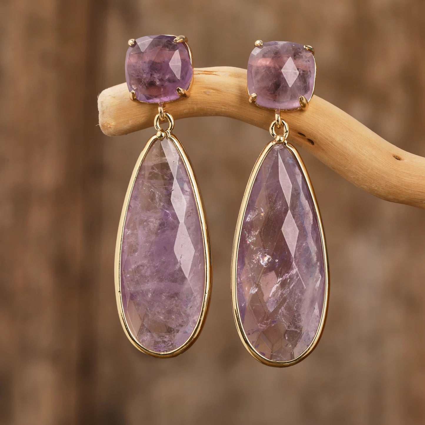 18k Gold-Plated Natural Gemstone Earrings Amethyst Rose Quartz Copper Water Droplet Design