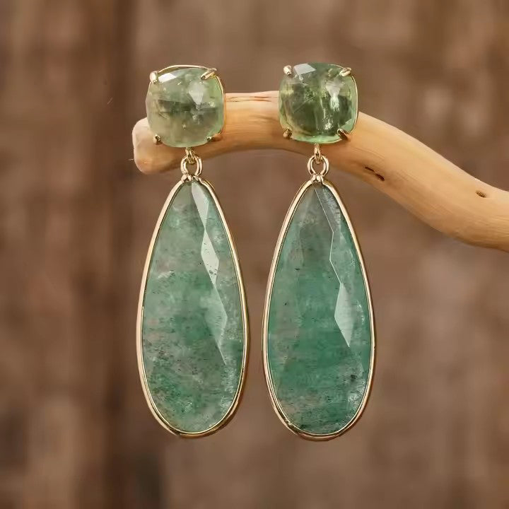 18k Gold-Plated Natural Gemstone Earrings Amethyst Rose Quartz Copper Water Droplet Design