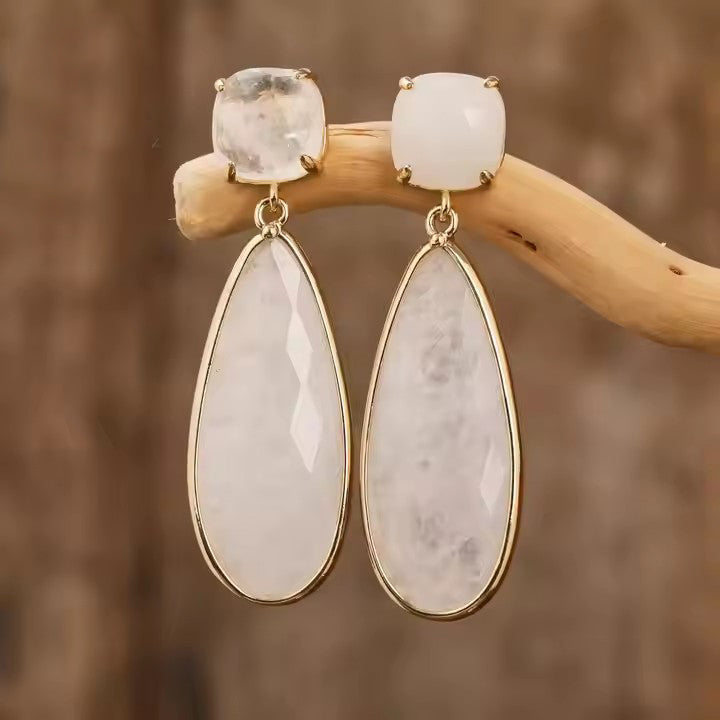 18k Gold-Plated Natural Gemstone Earrings Amethyst Rose Quartz Copper Water Droplet Design