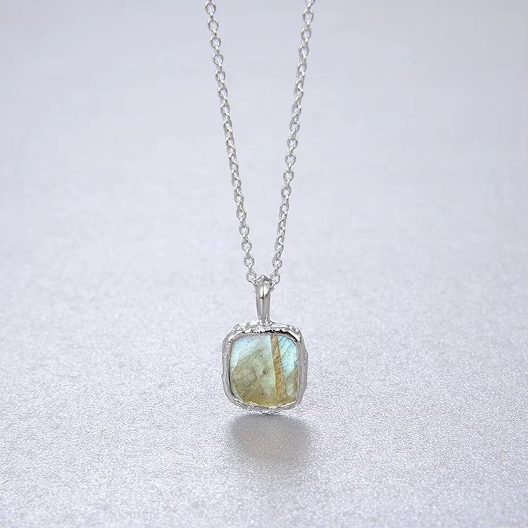 【GIRAFFE®】S925 Silver Square Natural Gemstone Pendant Necklace Dainty Crystals Necklace