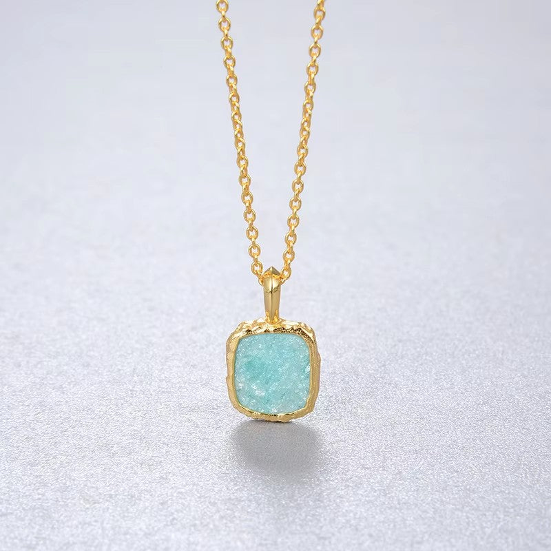 【GIRAFFE®】S925 Silver Square Natural Gemstone Pendant Necklace Dainty Crystals Necklace