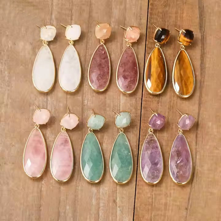18k Gold-Plated Natural Gemstone Earrings Amethyst Rose Quartz Copper Water Droplet Design