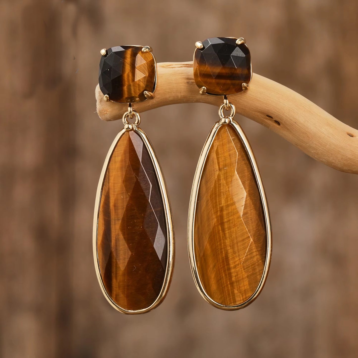 18k Gold-Plated Natural Gemstone Earrings Amethyst Rose Quartz Copper Water Droplet Design