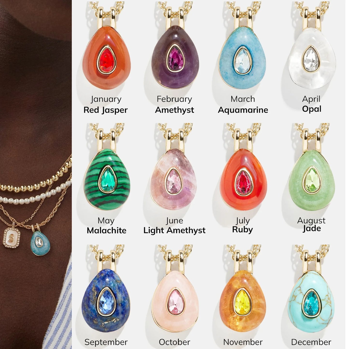 12 Birthstone Necklace Natural Stone Waterdrop Pendant Zircon-encrusted Friendship Christmas Gifts Jewelry