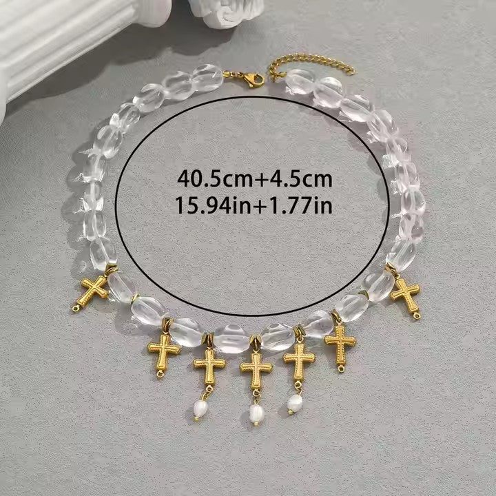 White Quartz Spotted Stone Cross Necklace Virgin Mary Necklace