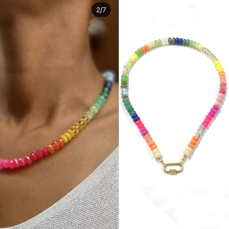 Rainbow quartz rondelle gemstone hand knotted colourful beaded necklace
