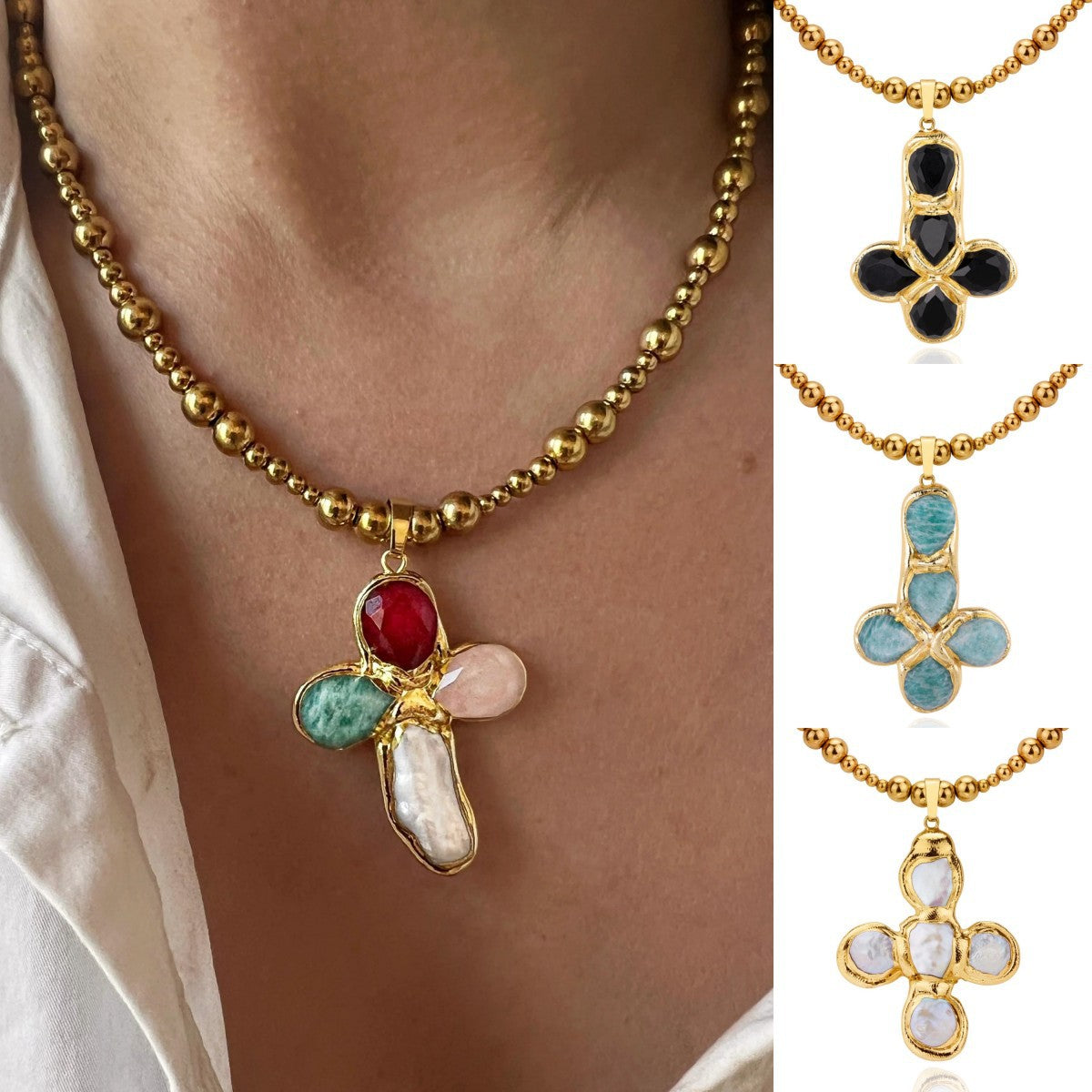 Titanium Steel Goose Soft Stone 18K Gold Stainless Steel Enamel Cross Necklace