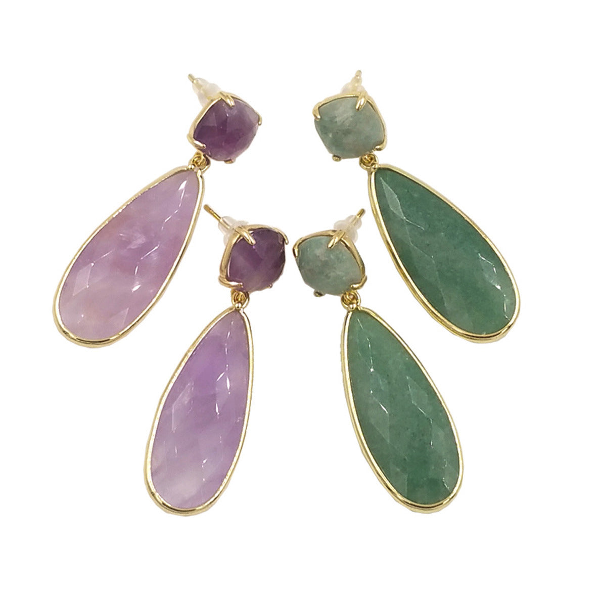 18k Gold-Plated Natural Gemstone Earrings Amethyst Rose Quartz Copper Water Droplet Design