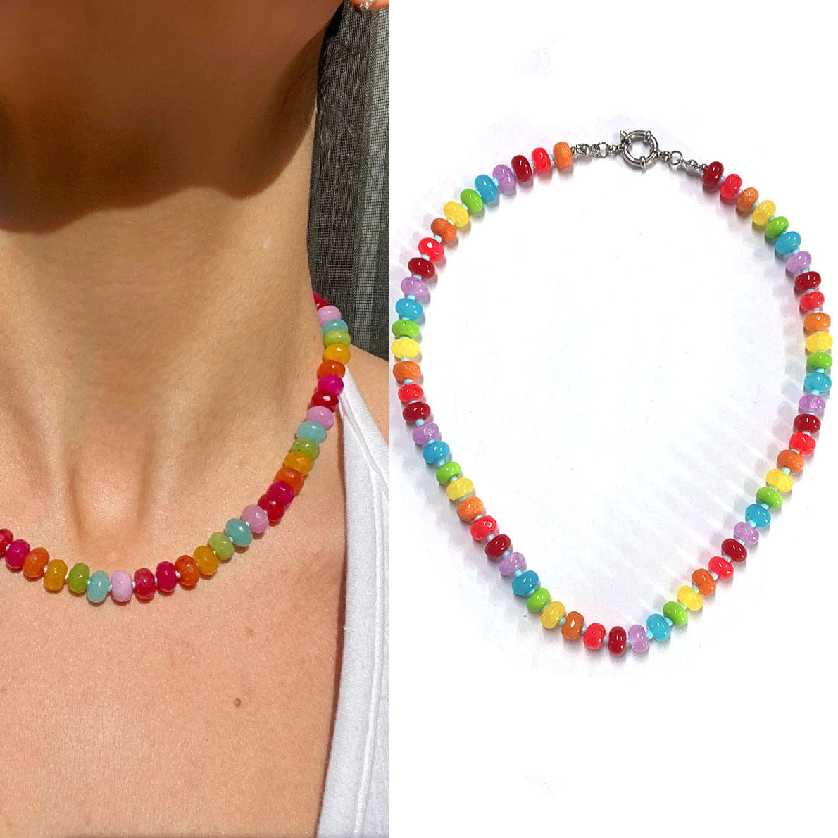 Rainbow quartz rondelle gemstone hand knotted colourful beaded necklace