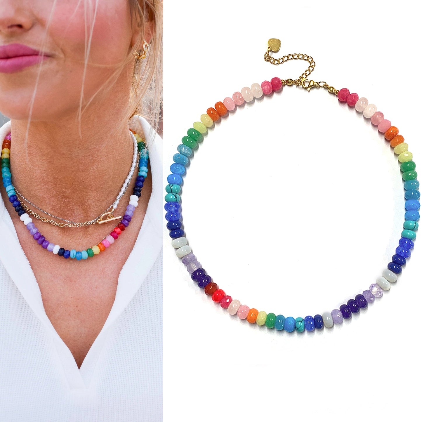 Rainbow quartz rondelle gemstone hand knotted colourful beaded necklace