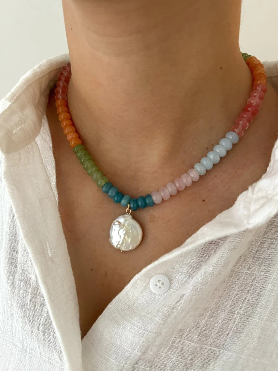 Rainbow quartz rondelle gemstone hand knotted colourful beaded necklace