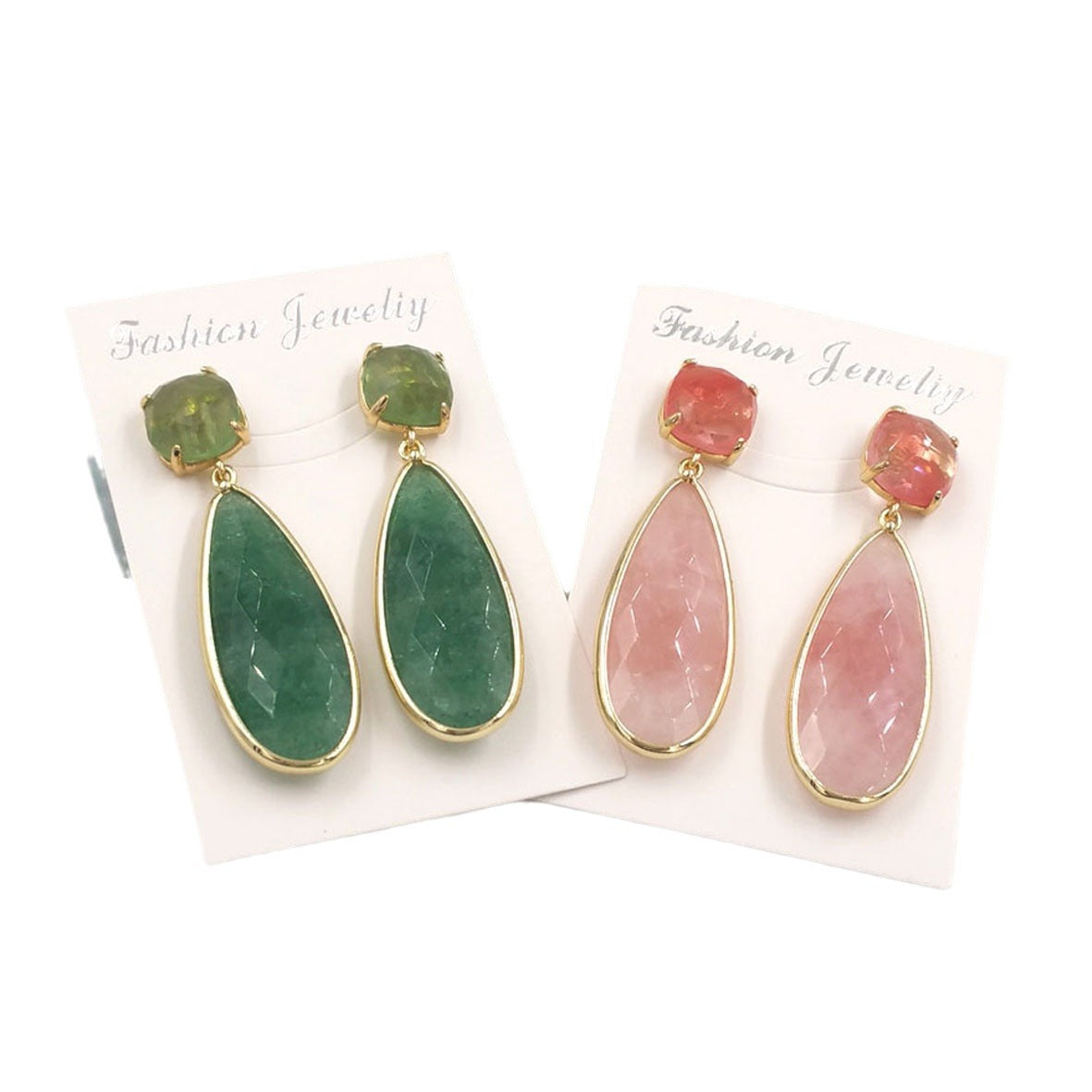 18k Gold-Plated Natural Gemstone Earrings Amethyst Rose Quartz Copper Water Droplet Design