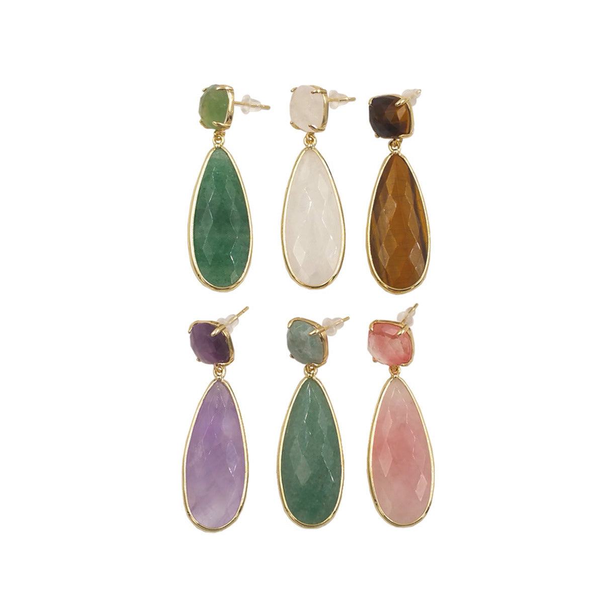 18k Gold-Plated Natural Gemstone Earrings Amethyst Rose Quartz Copper Water Droplet Design