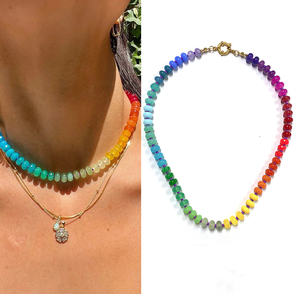 Rainbow quartz rondelle gemstone hand knotted colourful beaded necklace