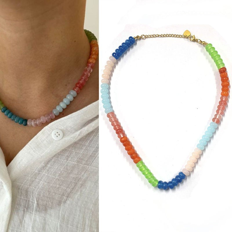 Rainbow quartz rondelle gemstone hand knotted colourful beaded necklace