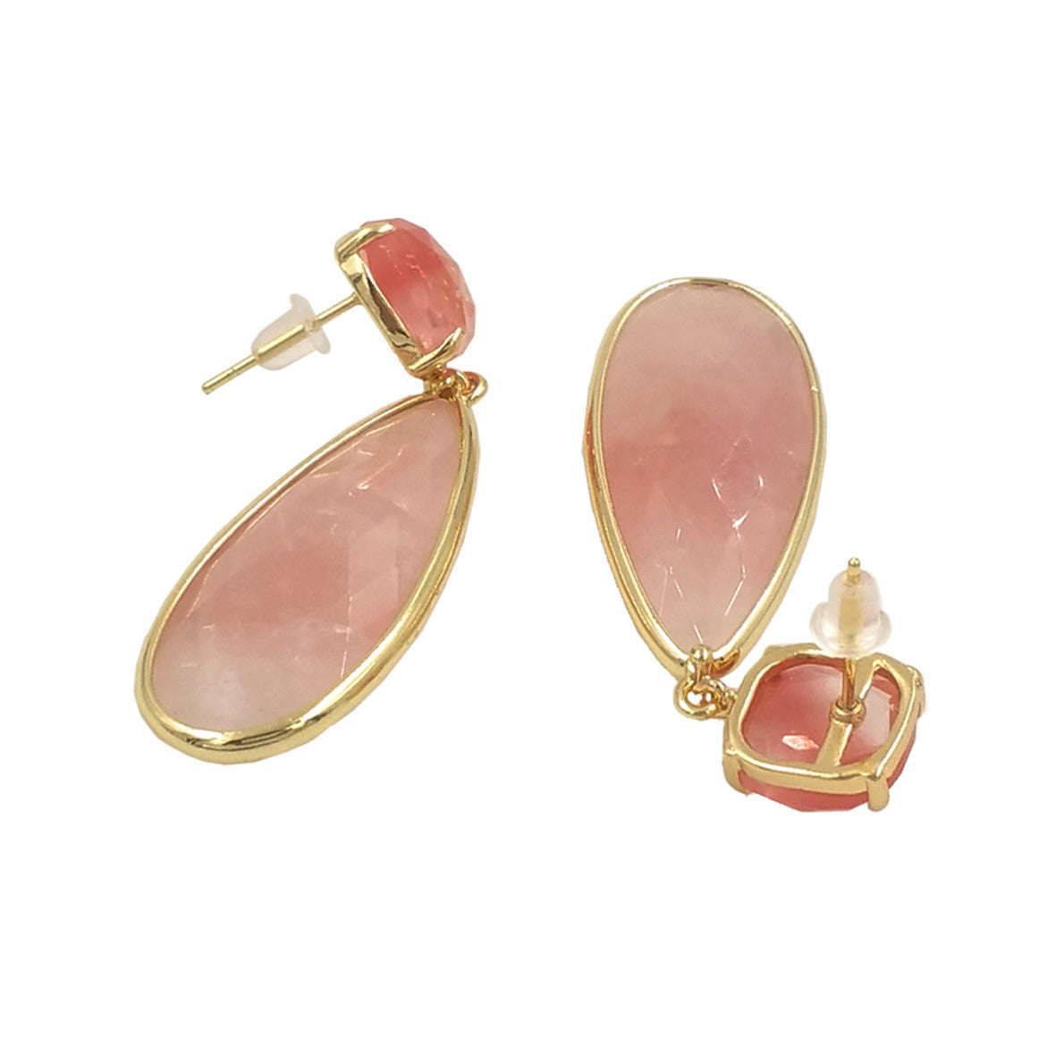 18k Gold-Plated Natural Gemstone Earrings Amethyst Rose Quartz Copper Water Droplet Design