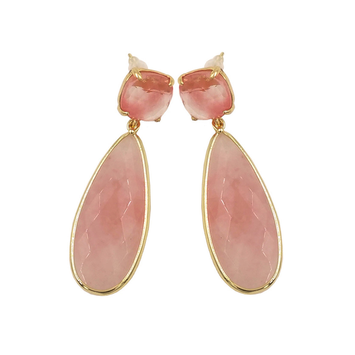18k Gold-Plated Natural Gemstone Earrings Amethyst Rose Quartz Copper Water Droplet Design