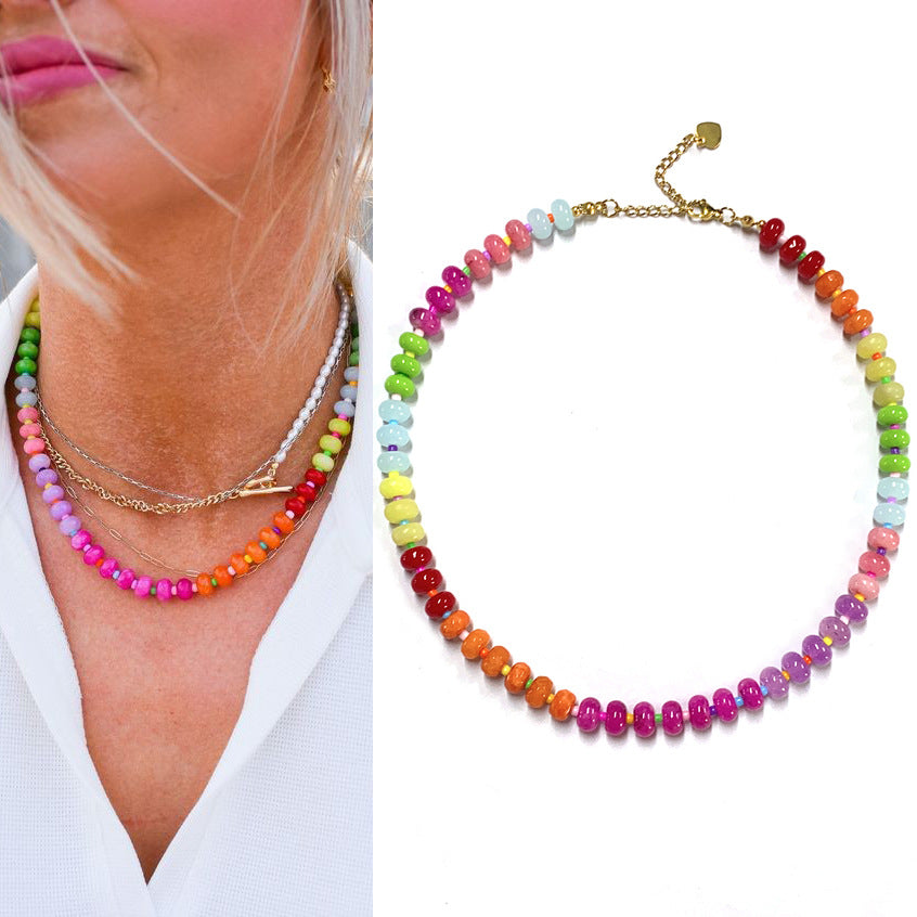 Rainbow quartz rondelle gemstone hand knotted colourful beaded necklace