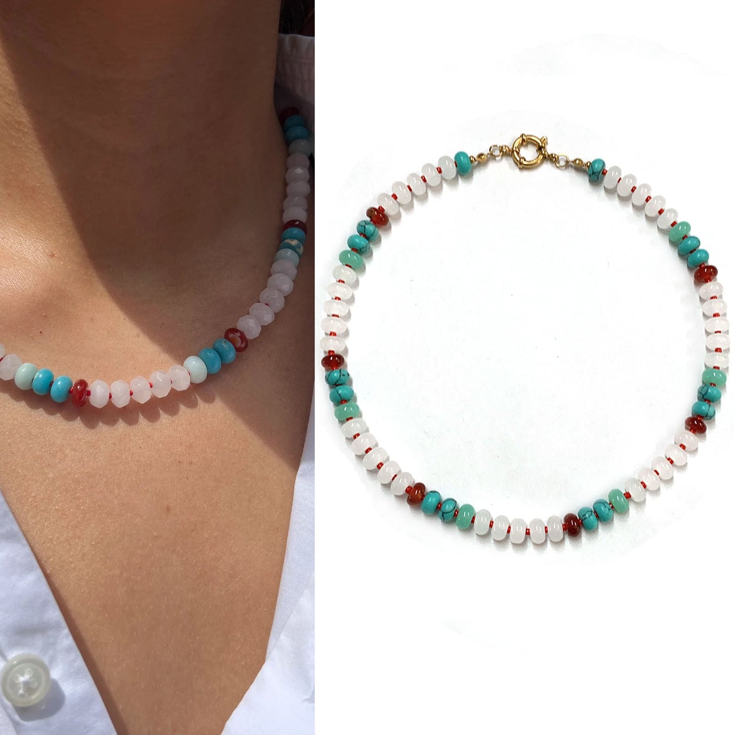 Rainbow quartz rondelle gemstone hand knotted colourful beaded necklace