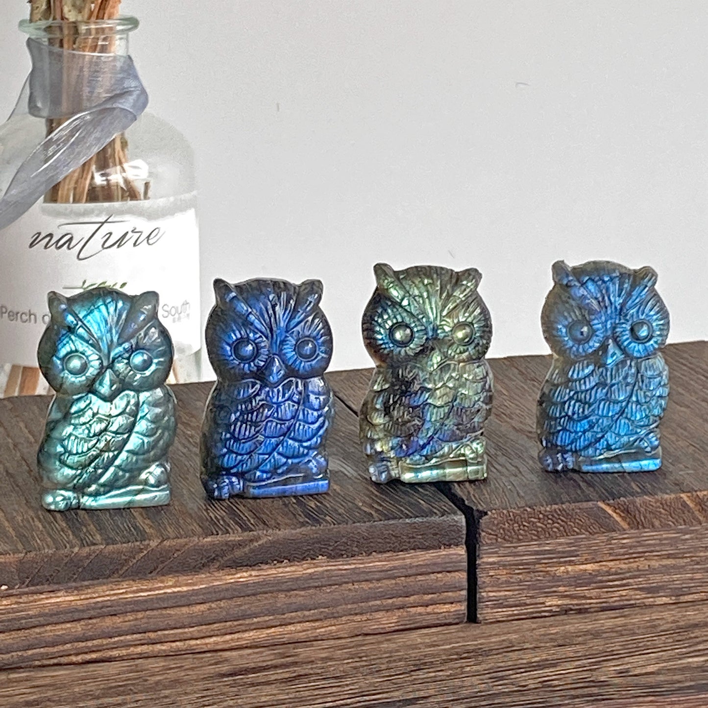 Genuine Natural Rainbow Flash Labradorite Cute Owl Carved
