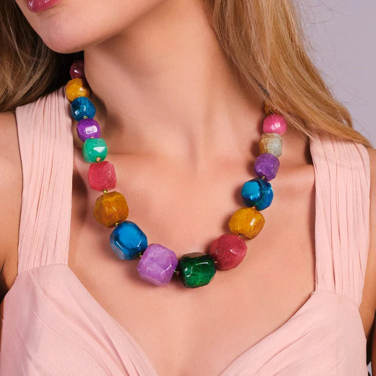 Women's Chunky Multi-Colour Faceted Natural Agate Gemstone Necklace