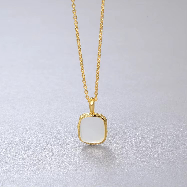 【GIRAFFE®】S925 Silver Square Natural Gemstone Pendant Necklace Dainty Crystals Necklace