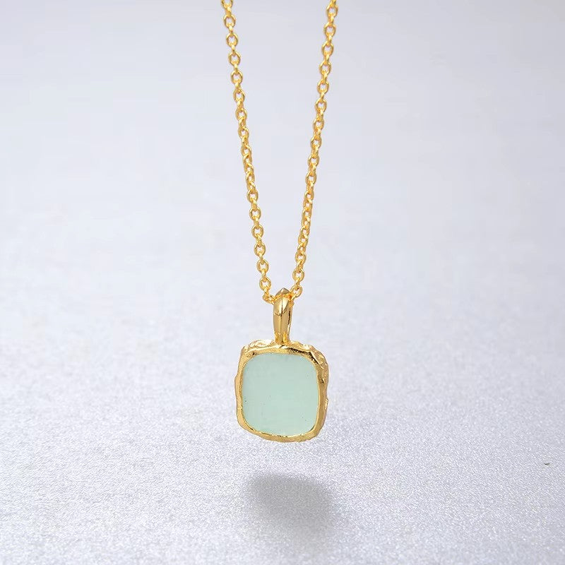 【GIRAFFE®】S925 Silver Square Natural Gemstone Pendant Necklace Dainty Crystals Necklace