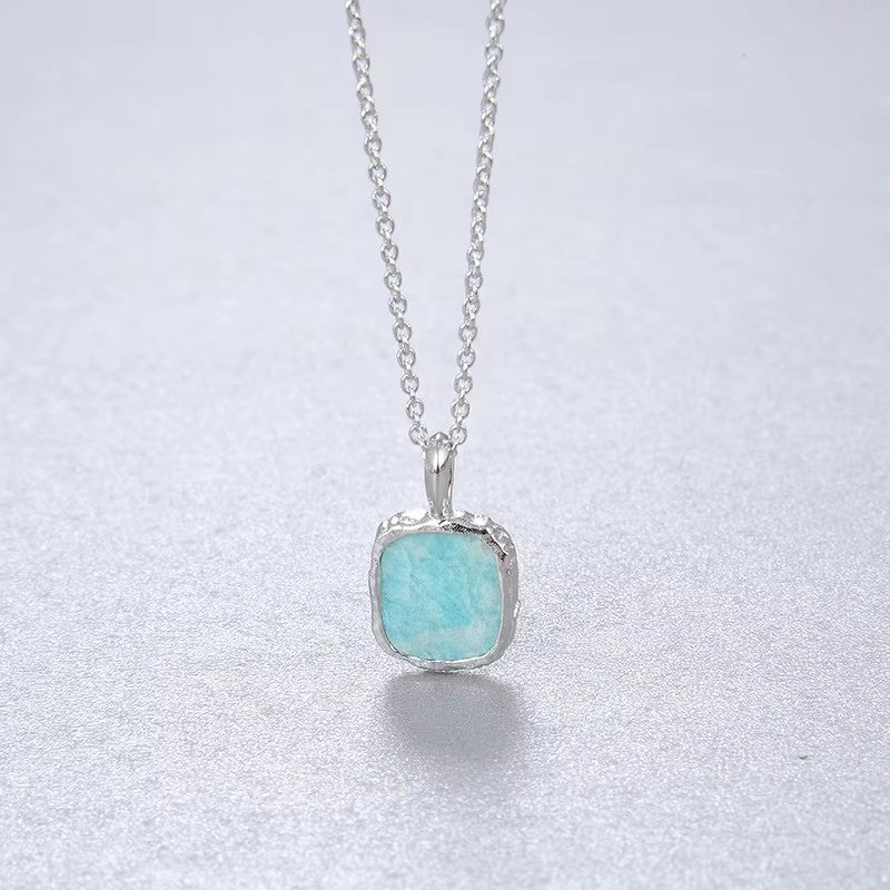 【GIRAFFE®】S925 Silver Square Natural Gemstone Pendant Necklace Dainty Crystals Necklace