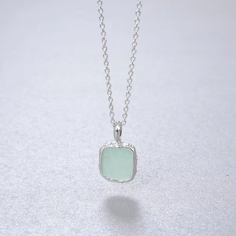 【GIRAFFE®】S925 Silver Square Natural Gemstone Pendant Necklace Dainty Crystals Necklace