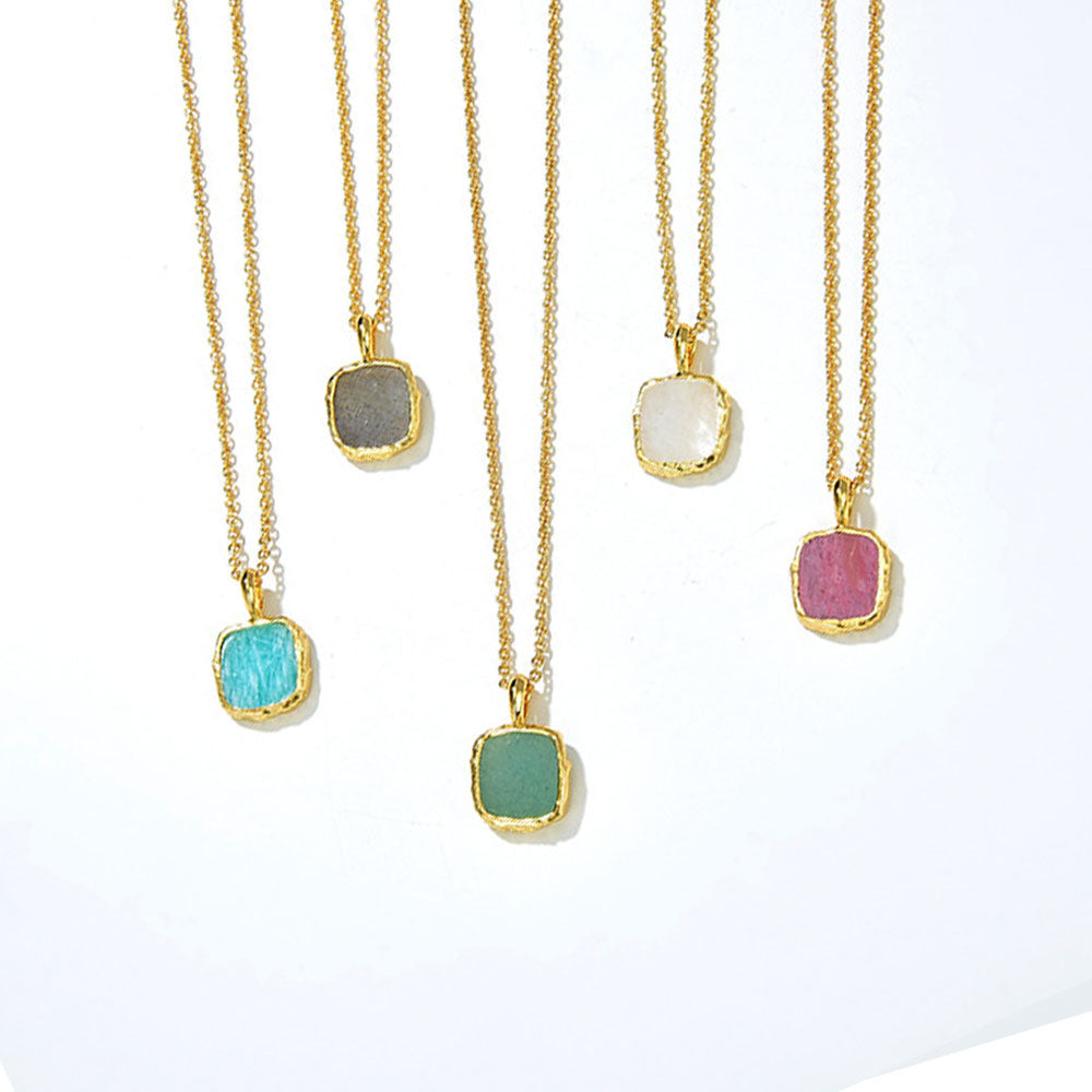 【GIRAFFE®】S925 Silver Square Natural Gemstone Pendant Necklace Dainty Crystals Necklace