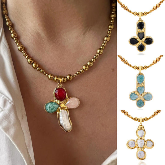 Titanium Steel Goose Soft Stone 18K Gold Stainless Steel Enamel Cross Necklace