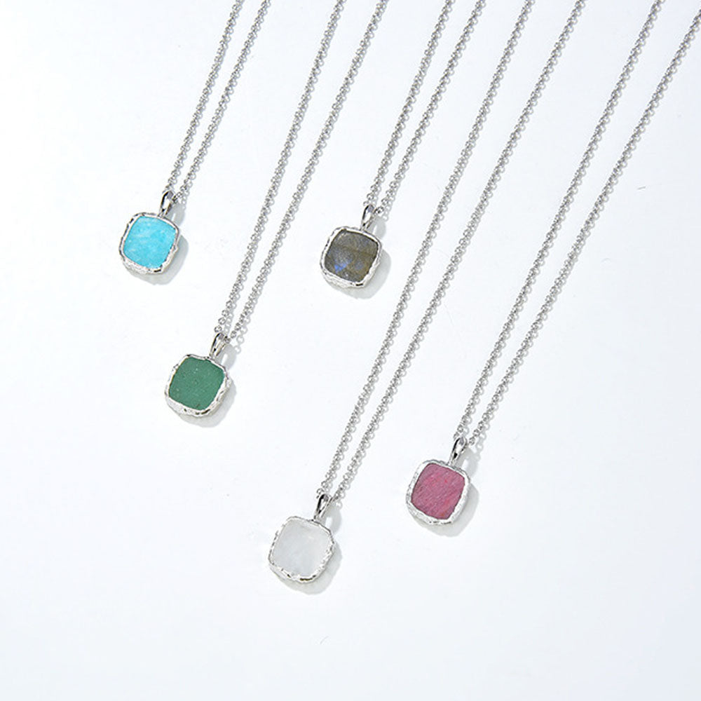 【GIRAFFE®】S925 Silver Square Natural Gemstone Pendant Necklace Dainty Crystals Necklace