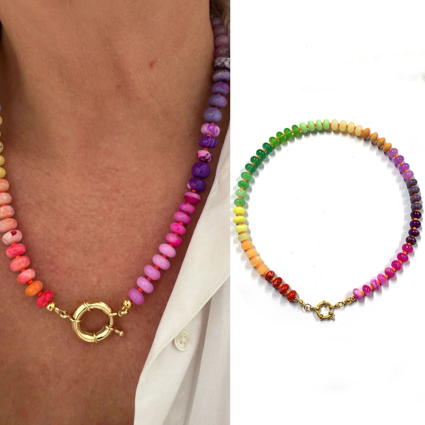 Rainbow quartz rondelle gemstone hand knotted colourful beaded necklace