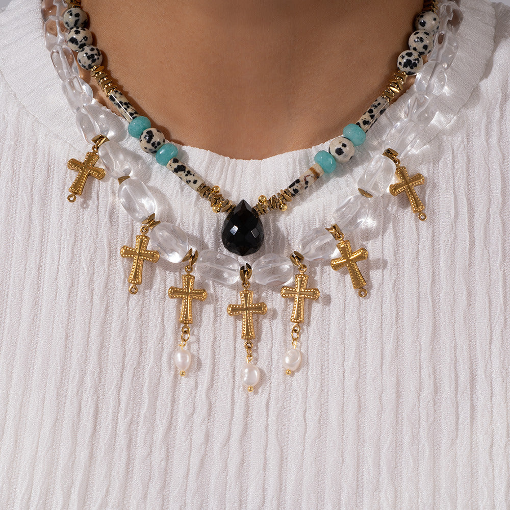White Quartz Spotted Stone Cross Necklace Virgin Mary Necklace