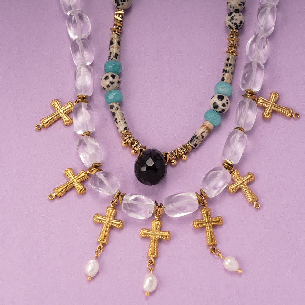 White Quartz Spotted Stone Cross Necklace Virgin Mary Necklace