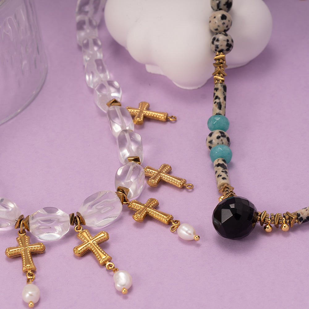 White Quartz Spotted Stone Cross Necklace Virgin Mary Necklace