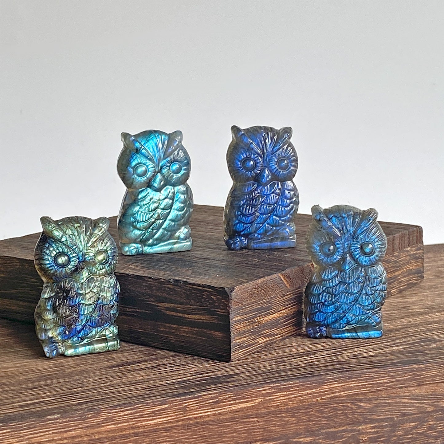 Genuine Natural Rainbow Flash Labradorite Cute Owl Carved