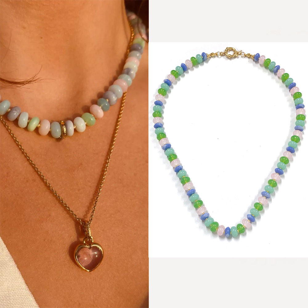 Rainbow quartz rondelle gemstone hand knotted colourful beaded necklace
