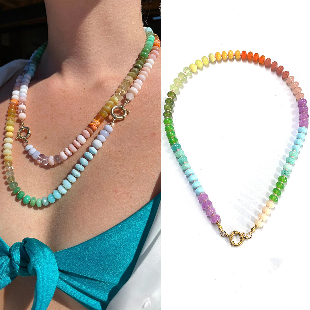 Rainbow quartz rondelle gemstone hand knotted colourful beaded necklace