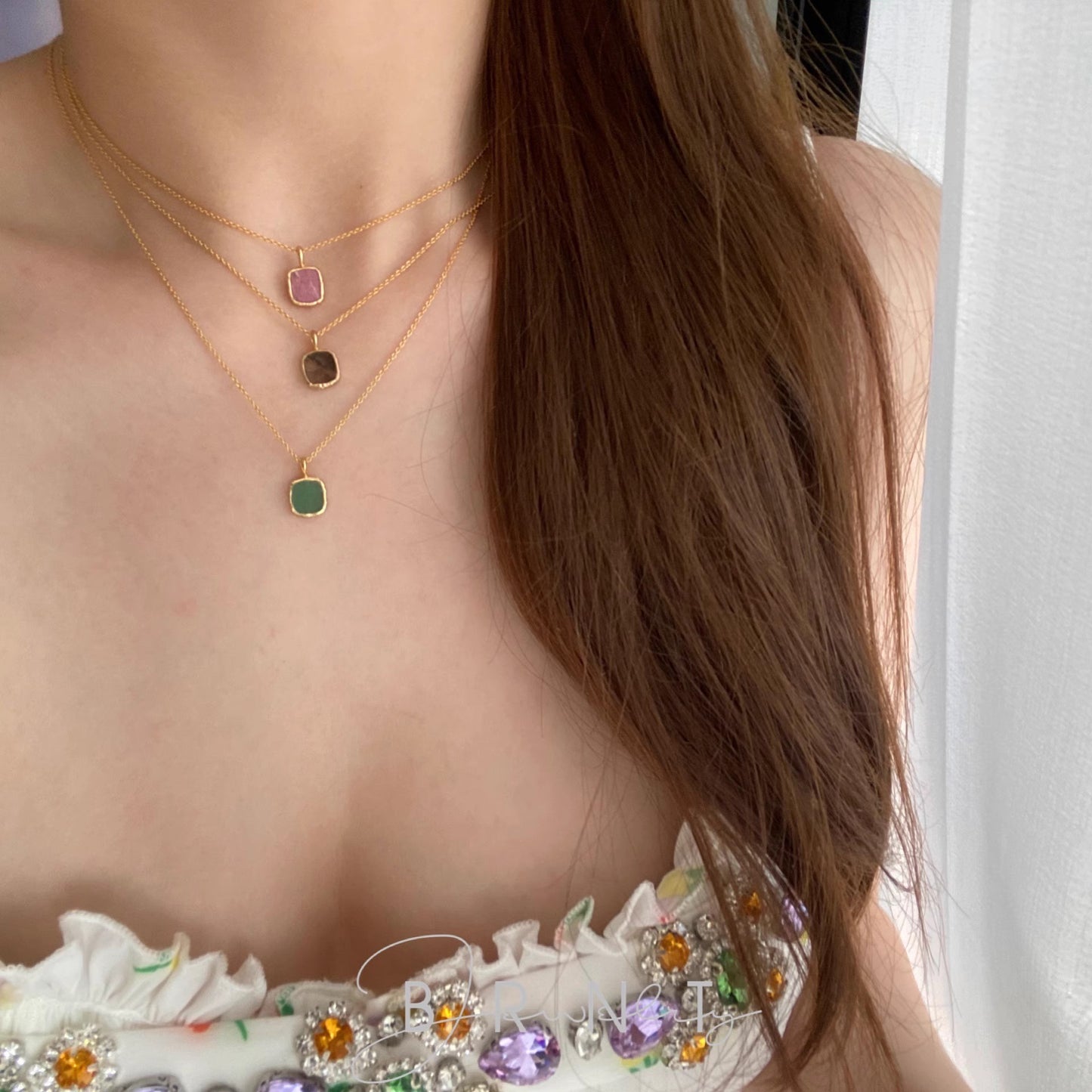 【GIRAFFE®】S925 Silver Square Natural Gemstone Pendant Necklace Dainty Crystals Necklace