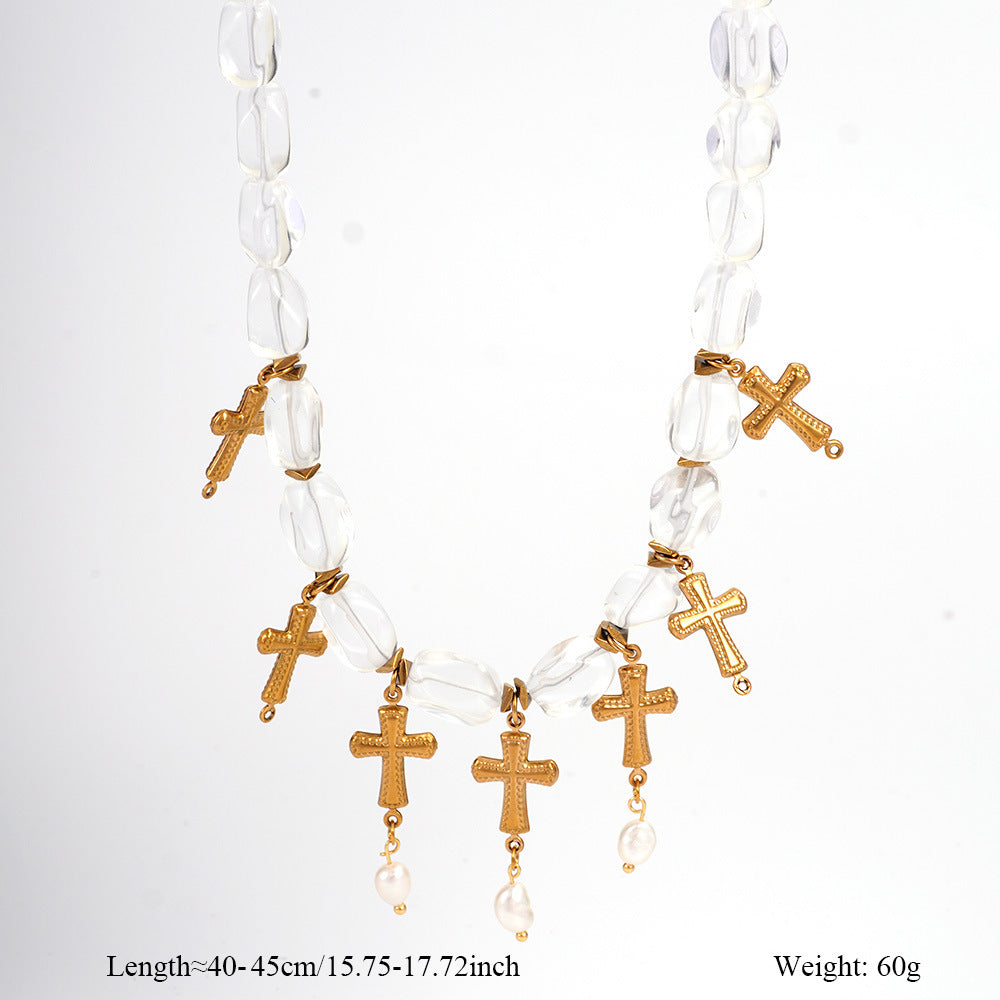 White Quartz Spotted Stone Cross Necklace Virgin Mary Necklace