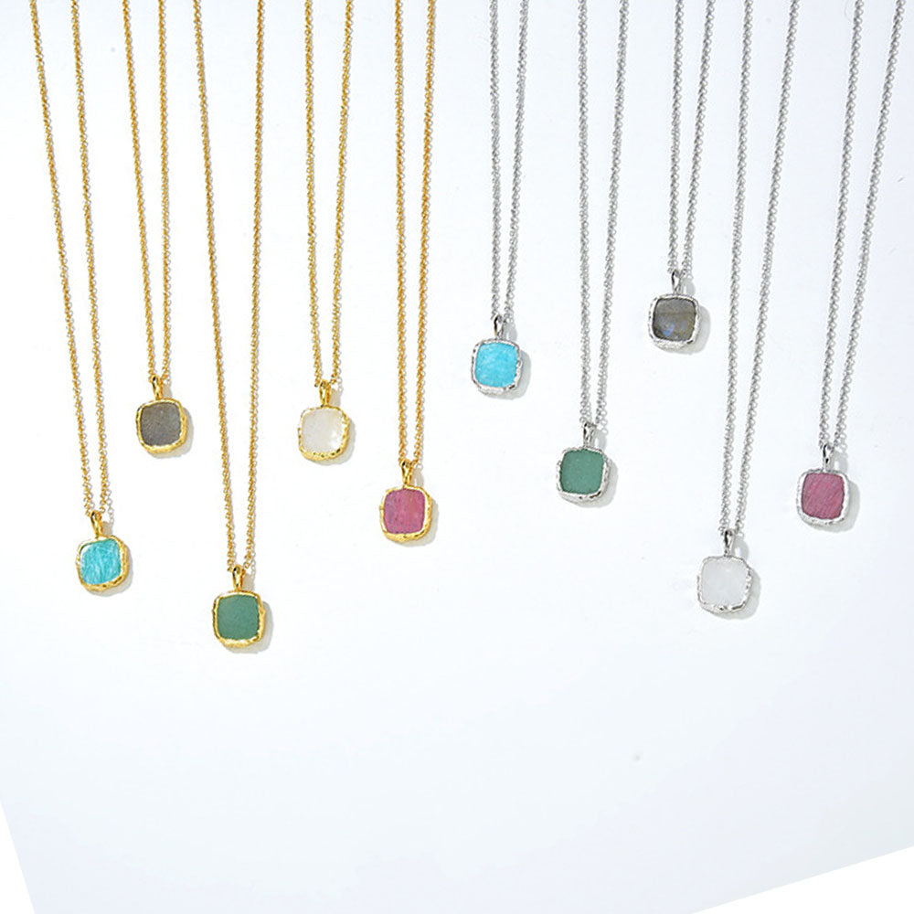 【GIRAFFE®】S925 Silver Square Natural Gemstone Pendant Necklace Dainty Crystals Necklace