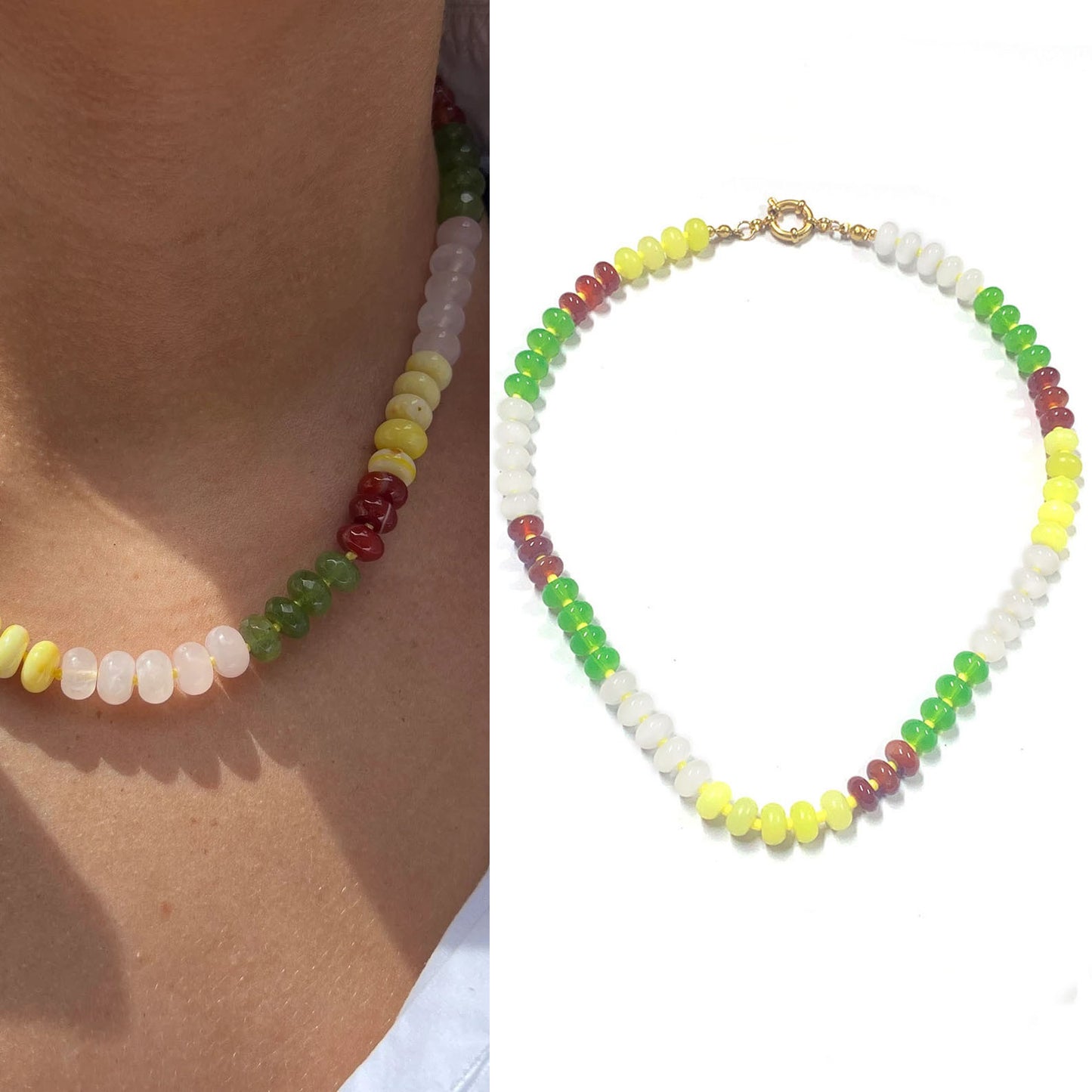 Rainbow quartz rondelle gemstone hand knotted colourful beaded necklace