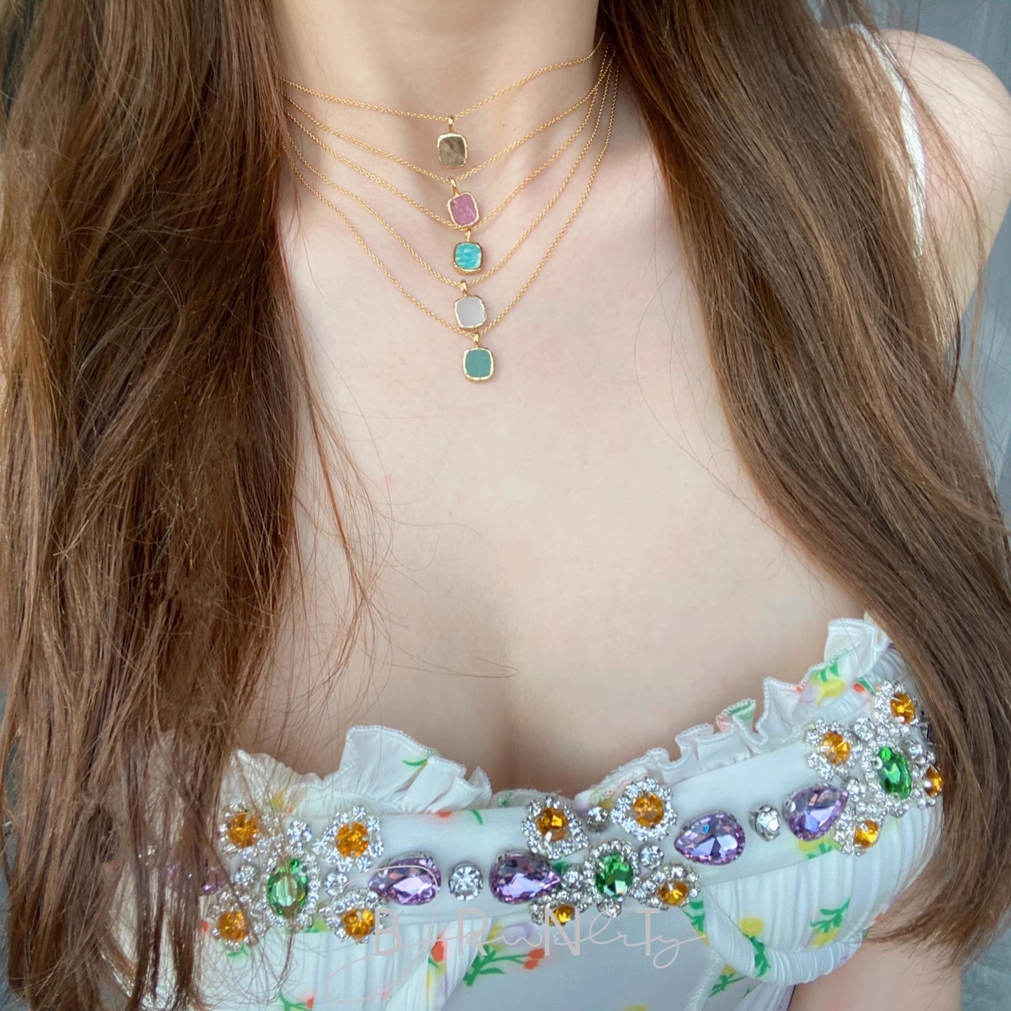 【GIRAFFE®】S925 Silver Square Natural Gemstone Pendant Necklace Dainty Crystals Necklace