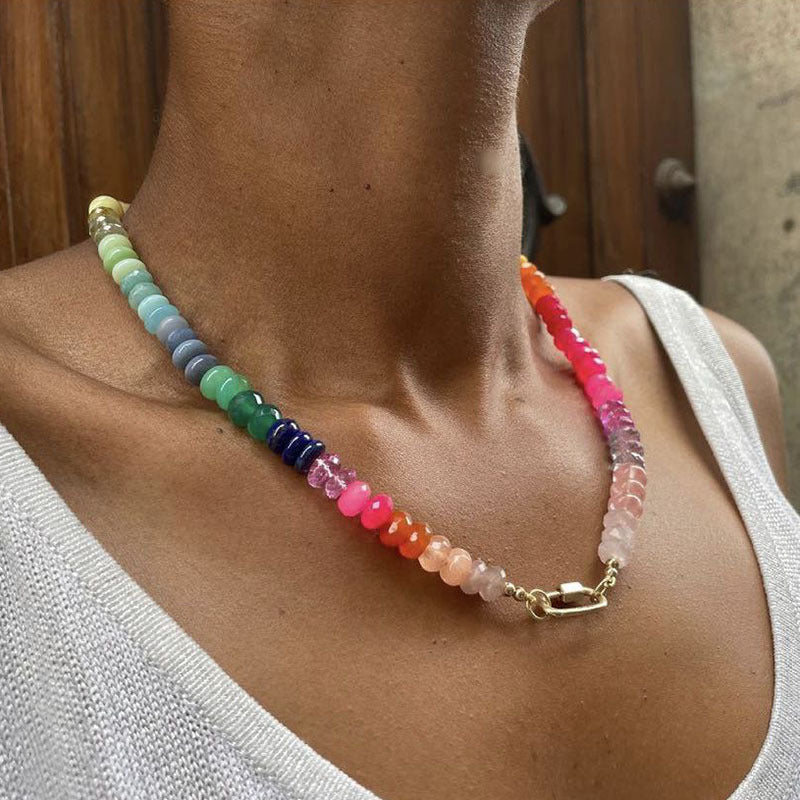 Rainbow quartz rondelle gemstone hand knotted colourful beaded necklace