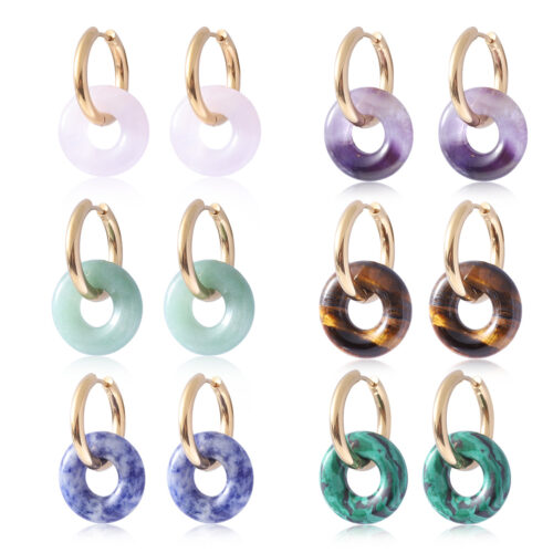 natural gemstone hoop earrings 18k gold stainless steel donut pendant