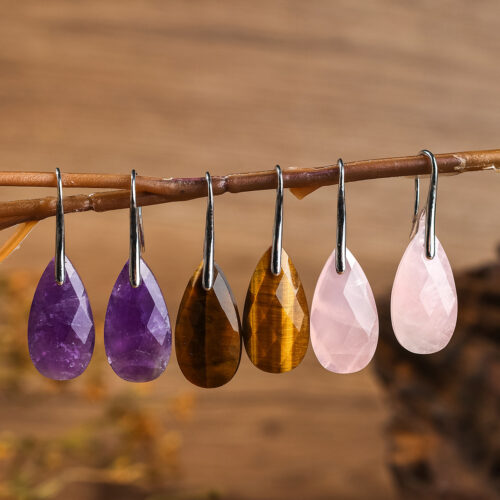 Natural gemstone amazon stone droplet teardrop pendant gold hook earrings 1 pair