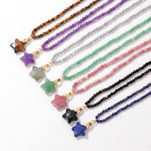 Natural Stone 3mm Faceted Crystal Necklace Five-Pointed Star Pendant