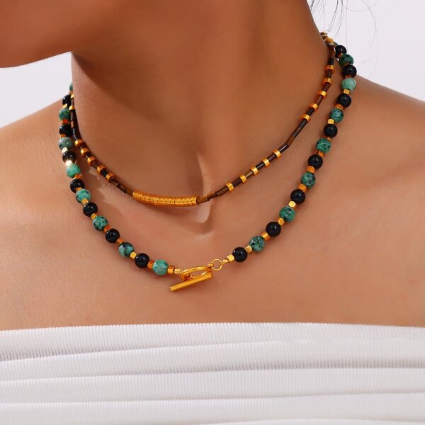 Natural agate turquoise necklace titanium steel 14k gold