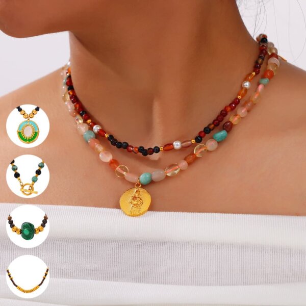 Natural agate turquoise necklace titanium steel 14k gold